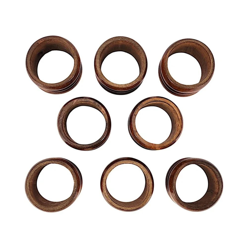 Dark Ribbed Wood Napkin Holders Rings, Set of 8
